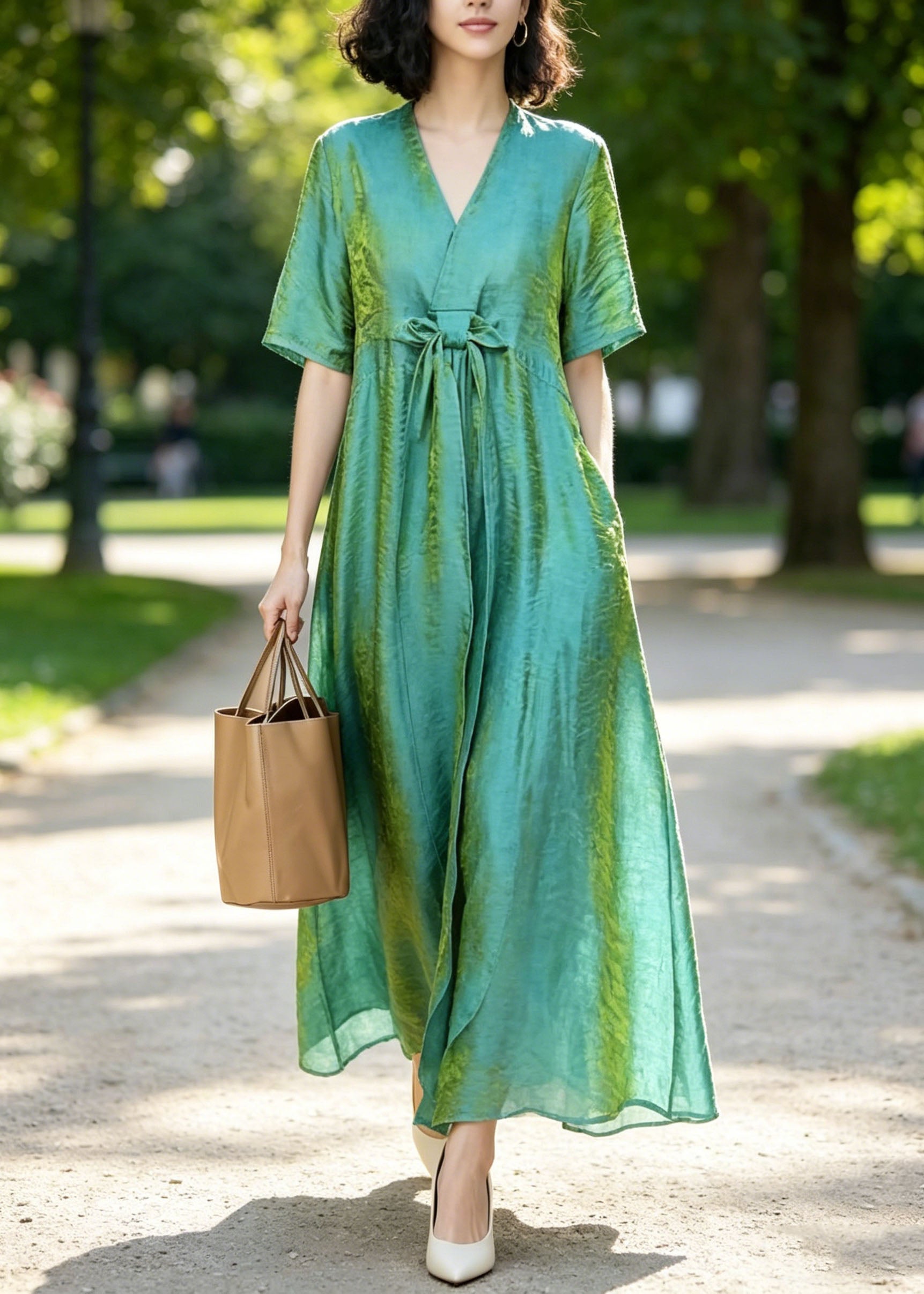 Metallic Crinkle V-Neck Tie Waist Short Sleeve Maxi Dress