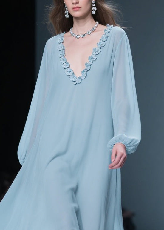 Chiffon Rosette Applique Deep V-Neck Bishop Sleeve Handkerchief Hem Midi Dress