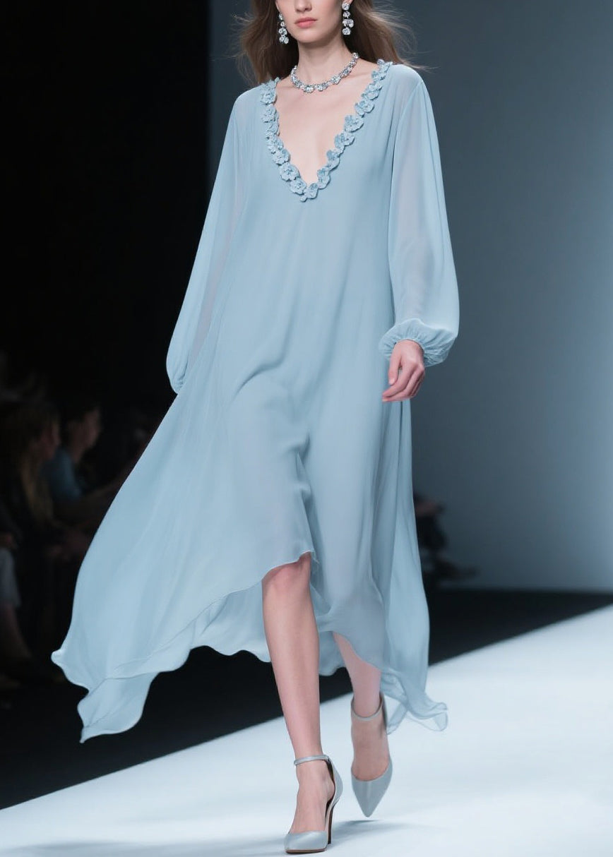 Chiffon Rosette Applique Deep V-Neck Bishop Sleeve Handkerchief Hem Midi Dress