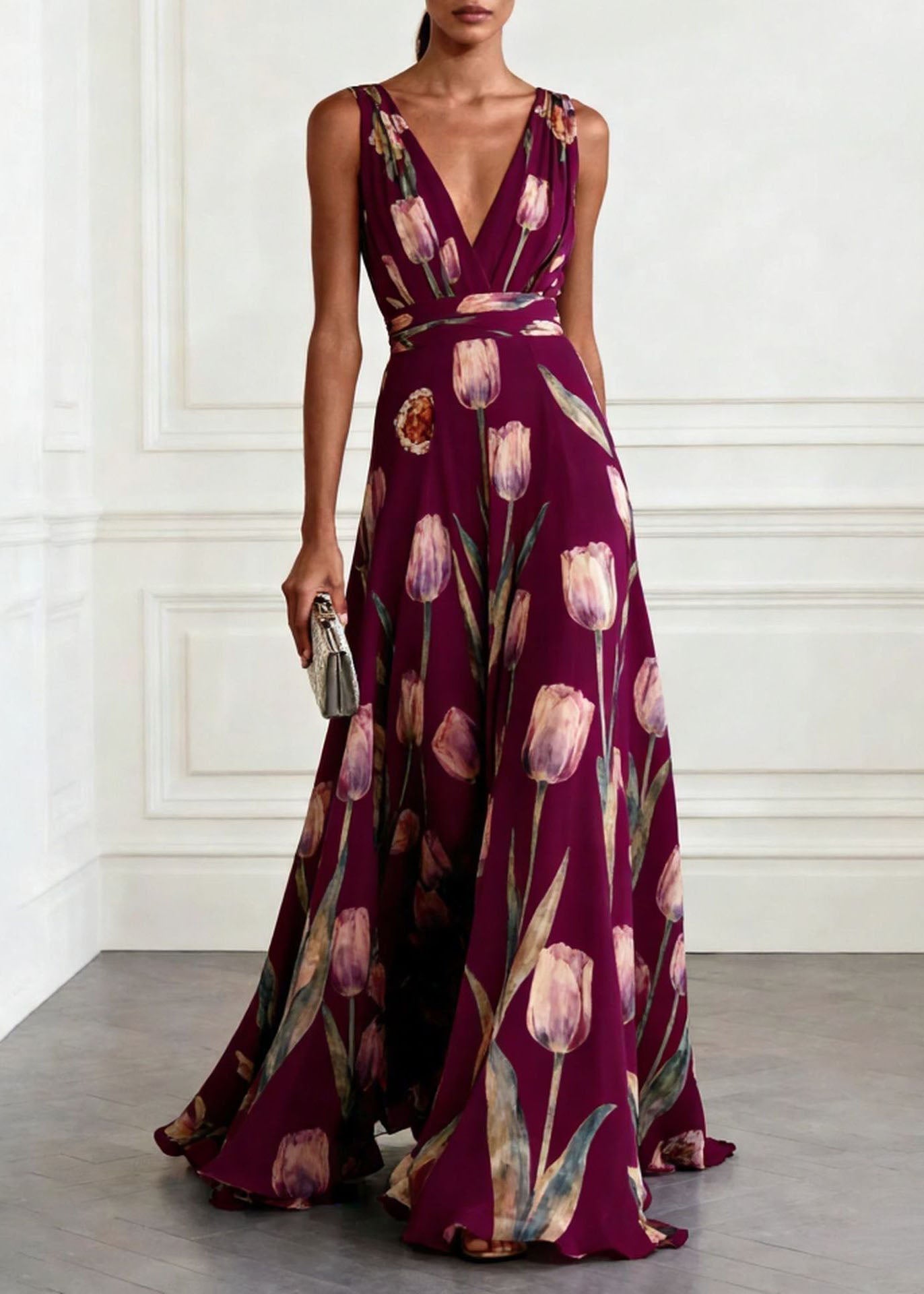 Floral Print Deep V-Neck Wide Strap Wrap Waist A-Line Maxi Gown