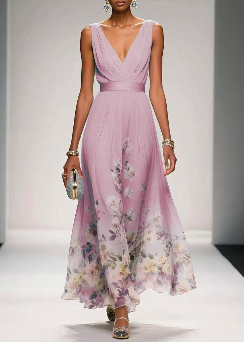 Chiffon Floral V-Neck Empire Waist Sleeveless Maxi Summer Dress