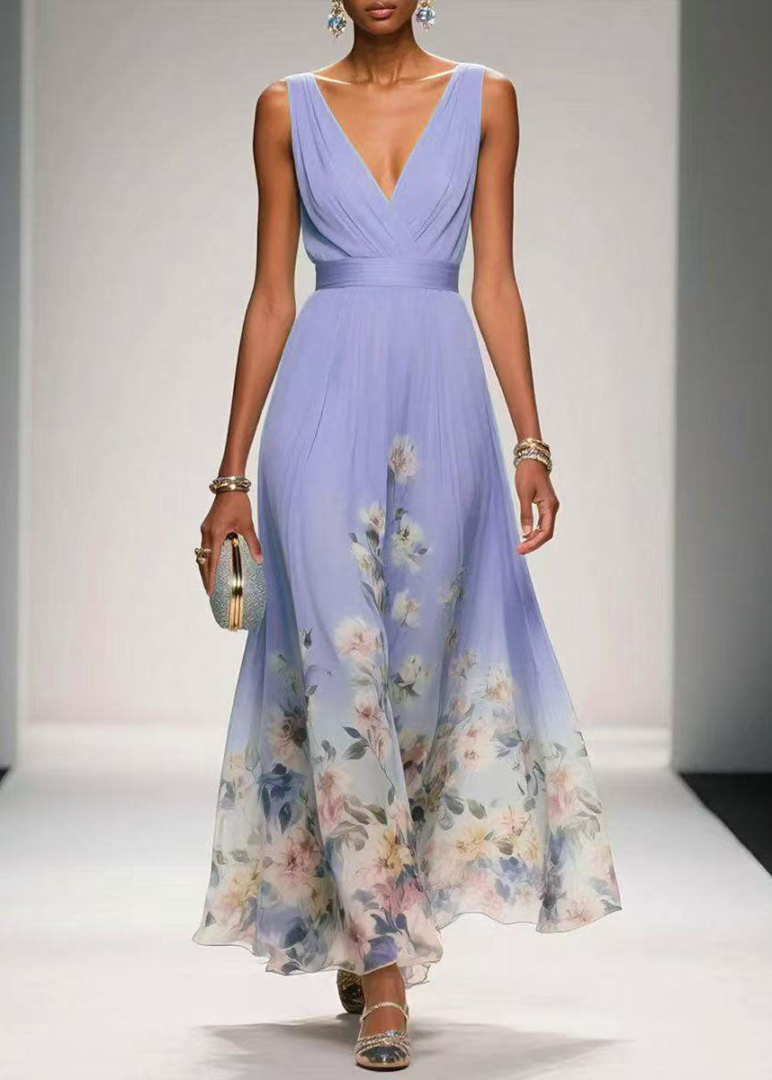Chiffon Floral V-Neck Empire Waist Sleeveless Maxi Summer Dress