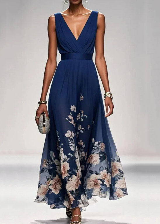 Chiffon Floral V-Neck Empire Waist Sleeveless Maxi Summer Dress