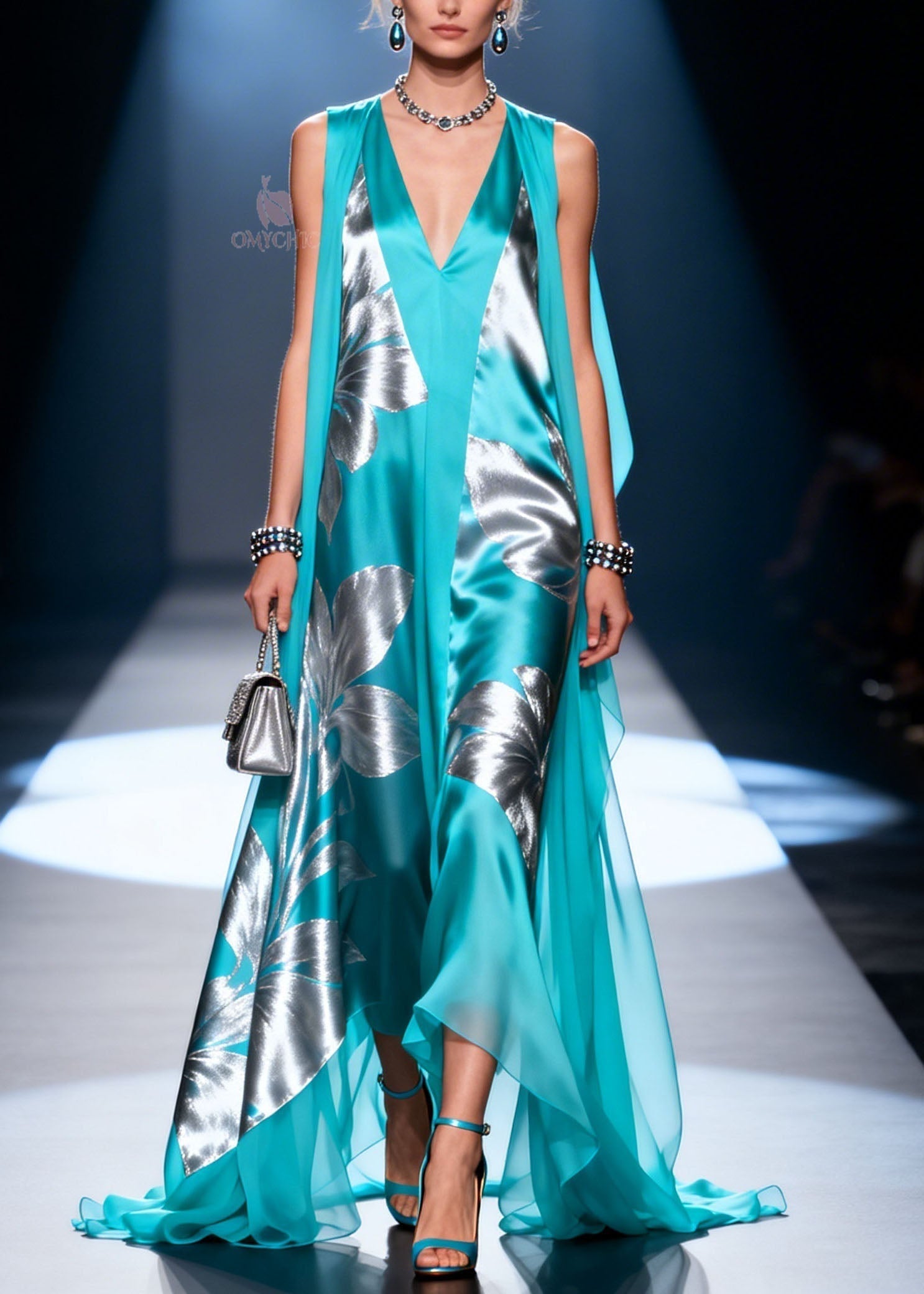 Satin Metallic Floral Deep V-Neck Sleeveless Sheer Cape Maxi Gown