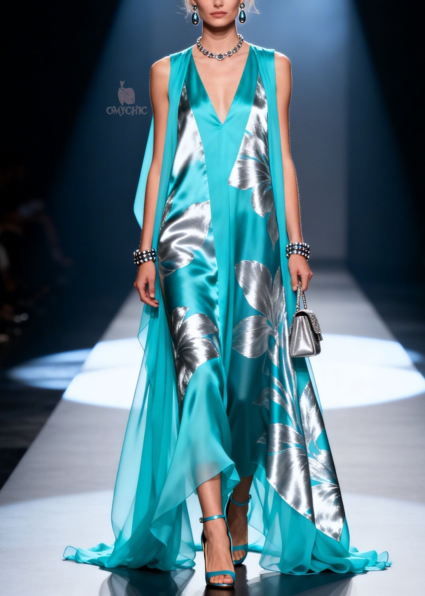 Satin Metallic Floral Deep V-Neck Sleeveless Sheer Cape Maxi Gown