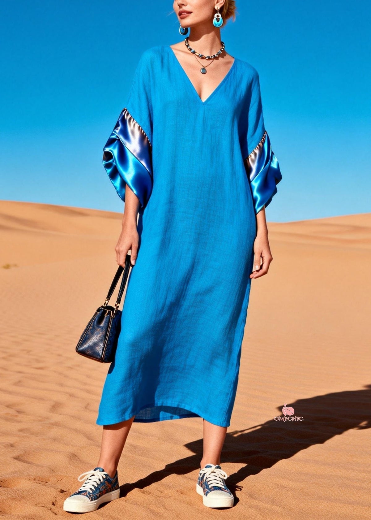 V-Neck Wide Elbow Sleeve Satin Panel Oversized Kaftan Maxi Dress - View 5