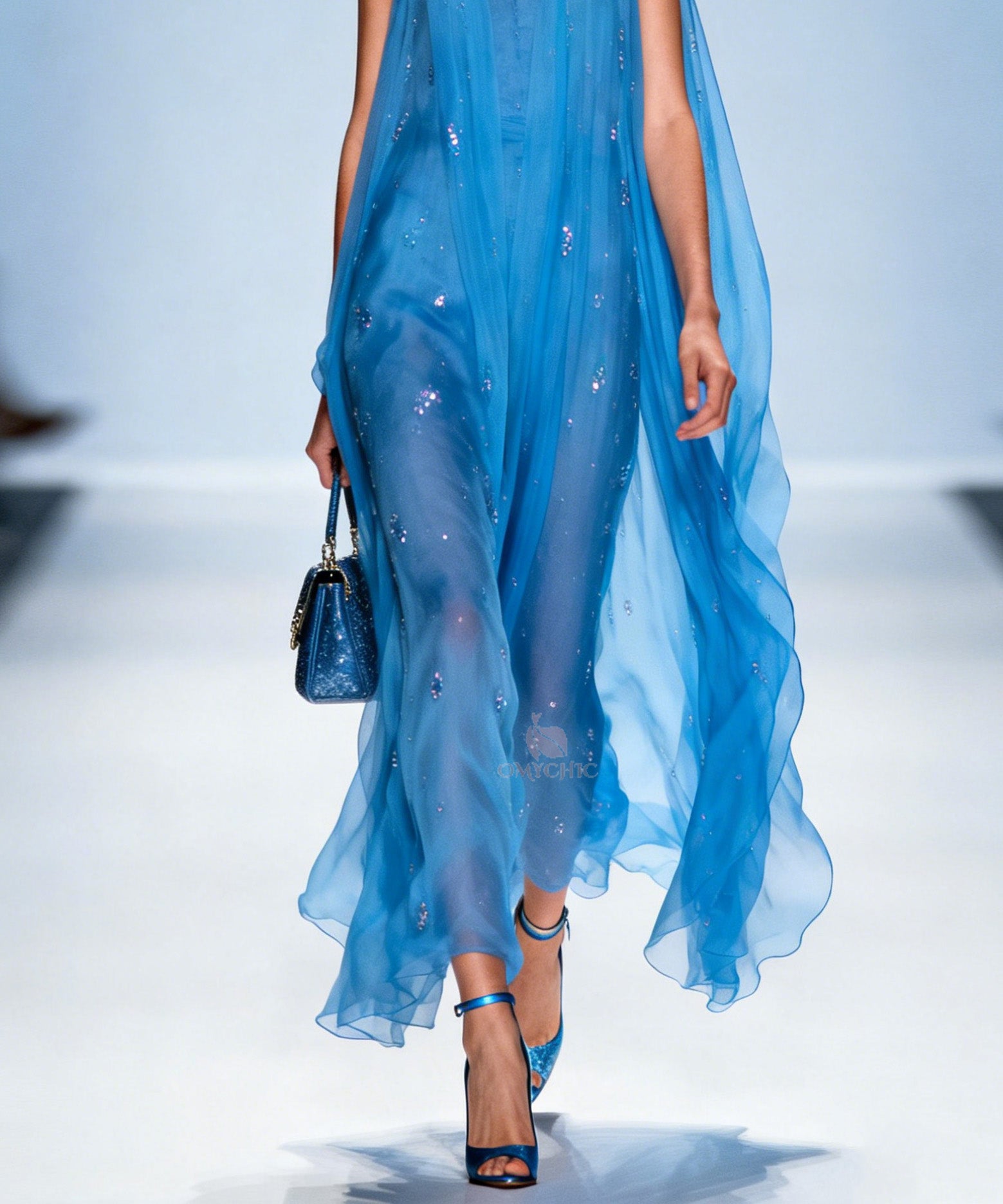Sequin Deep V-Neck Halter Neck Sleeveless Sheer Cape Overlay Maxi Gown