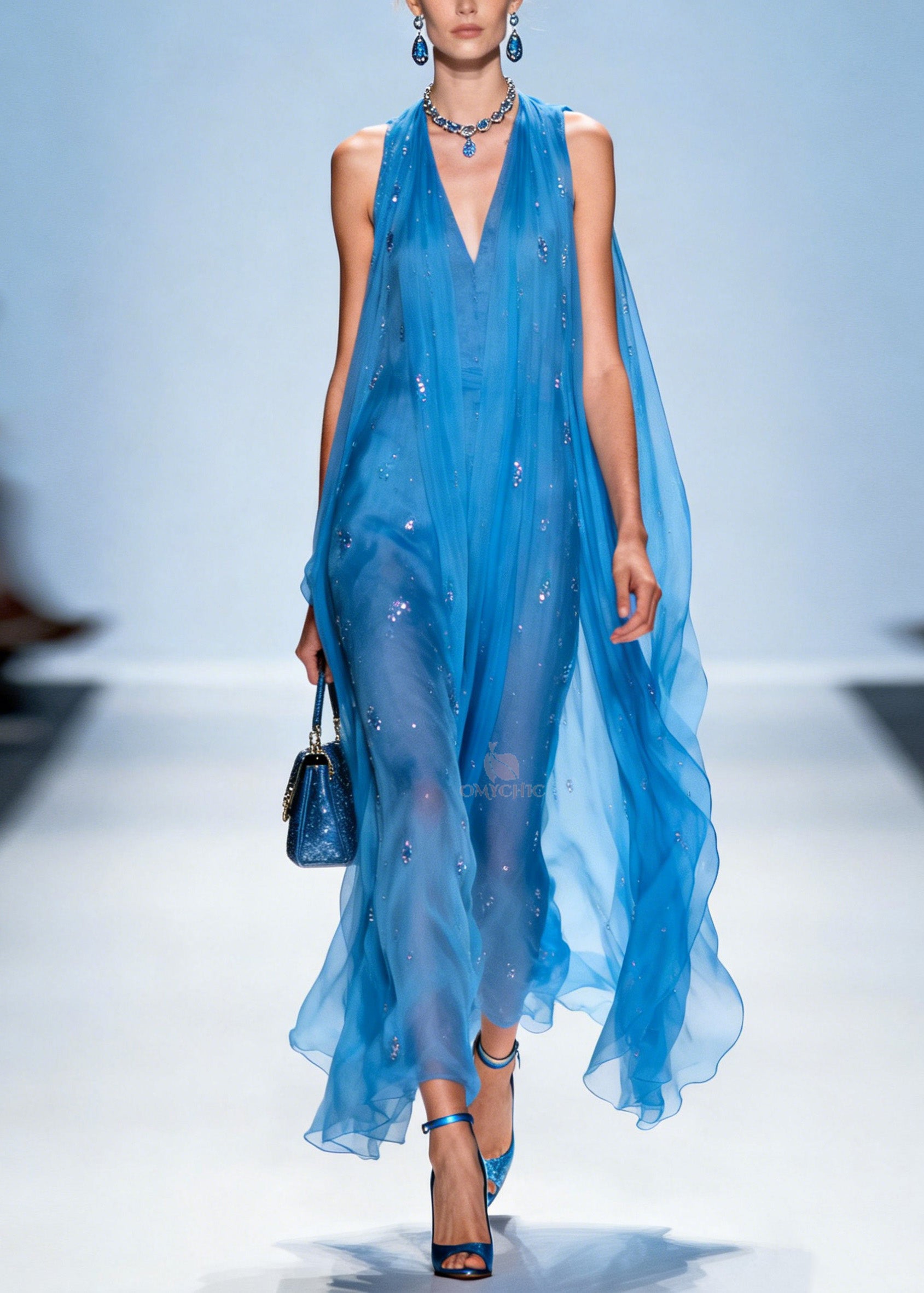 Sequin Deep V-Neck Halter Neck Sleeveless Sheer Cape Overlay Maxi Gown