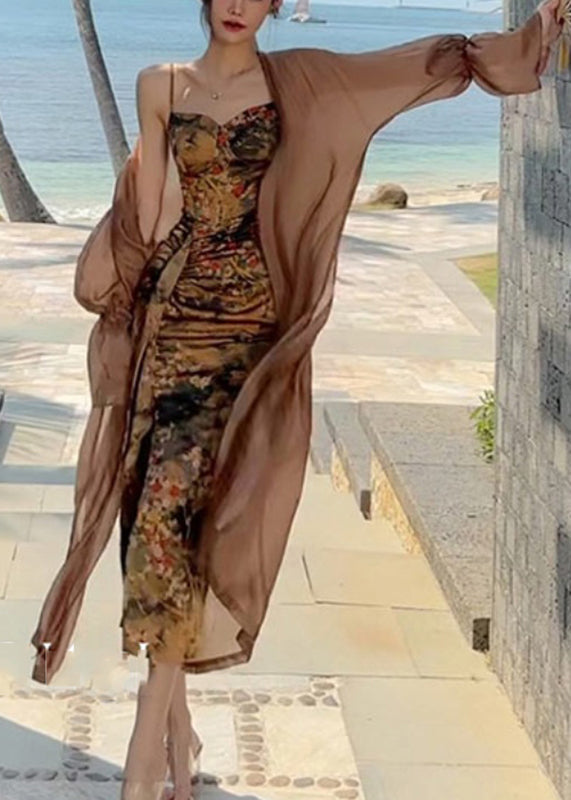 Satin Floral Print Spaghetti Strap Ruched High Split Slip Dress Sheer Balloon Sleeve Duster Coat Two Piece Set