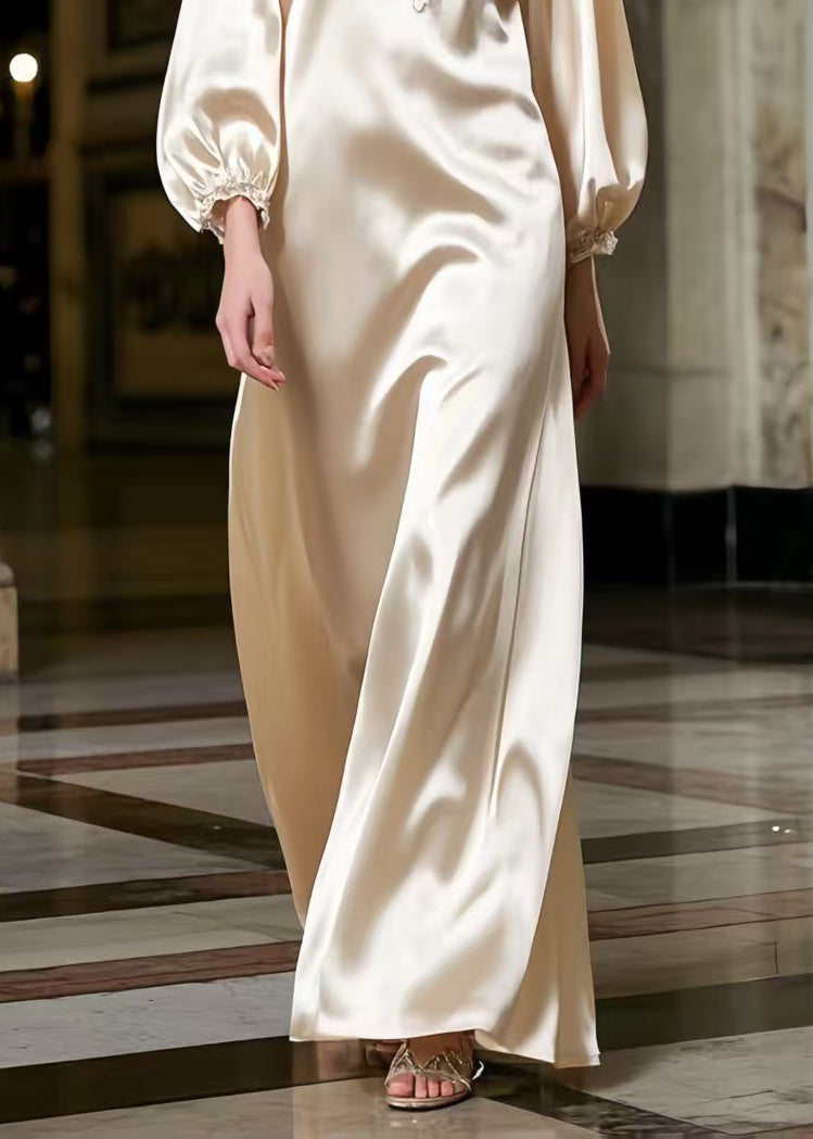 Satin Lace Collar Embroidered Bishop Sleeve Flowy Maxi Gown