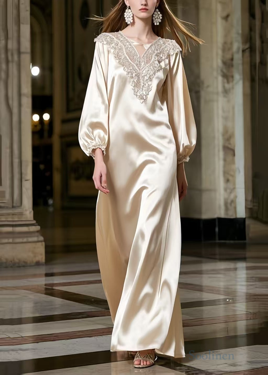 Satin Lace Collar Embroidered Bishop Sleeve Flowy Maxi Gown