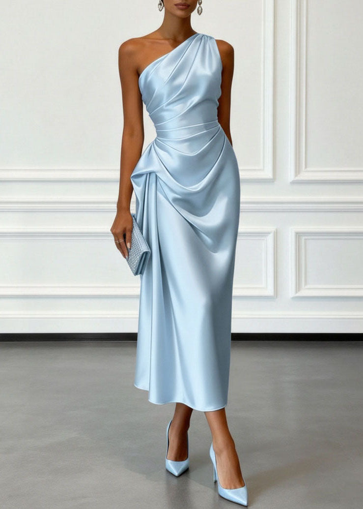 Satin One Shoulder Ruched Drape Sash Column Midi Dress