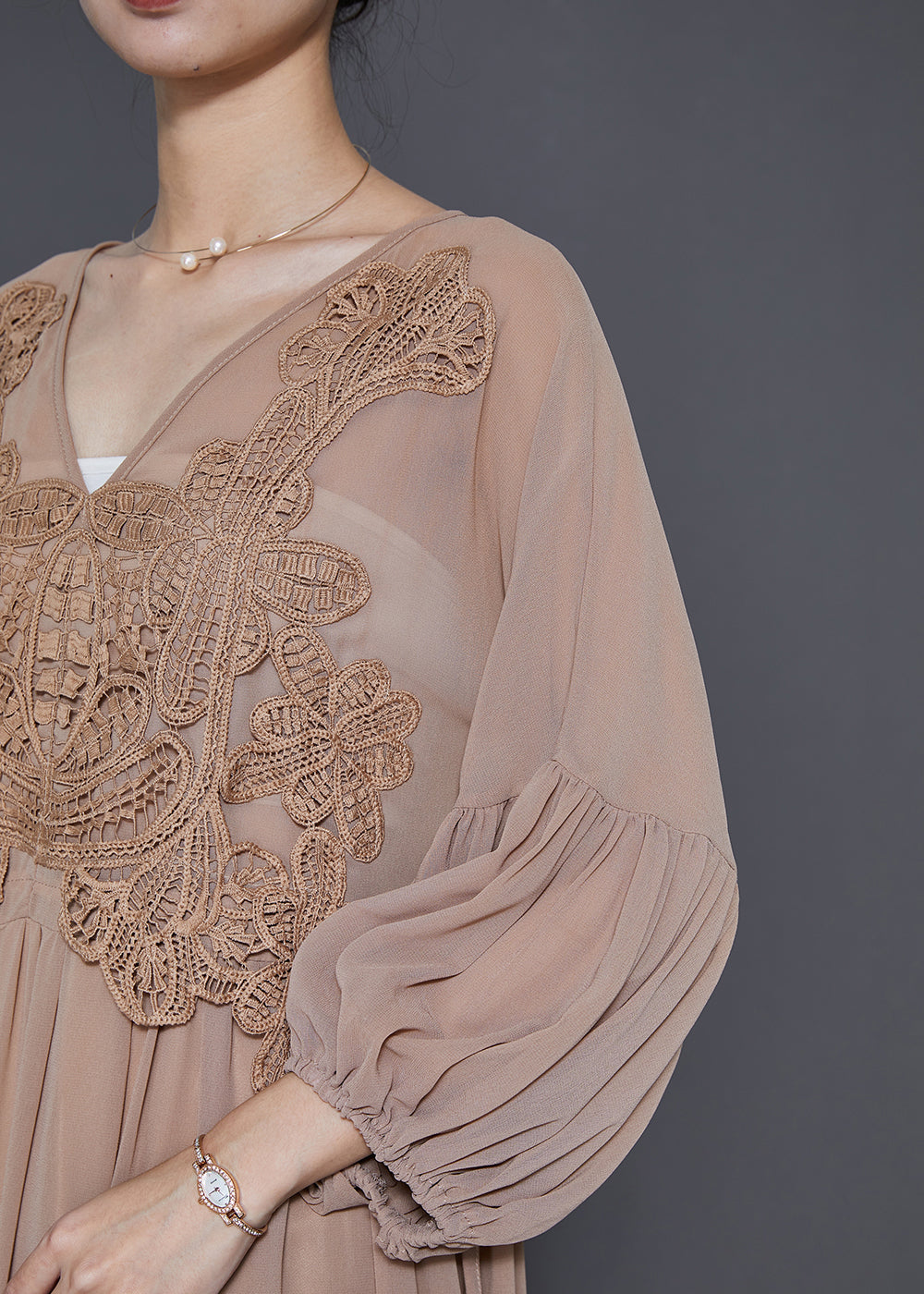 Lace Applique Bodice Drawstring Waist Balloon Sleeve Pleated Maxi Gown