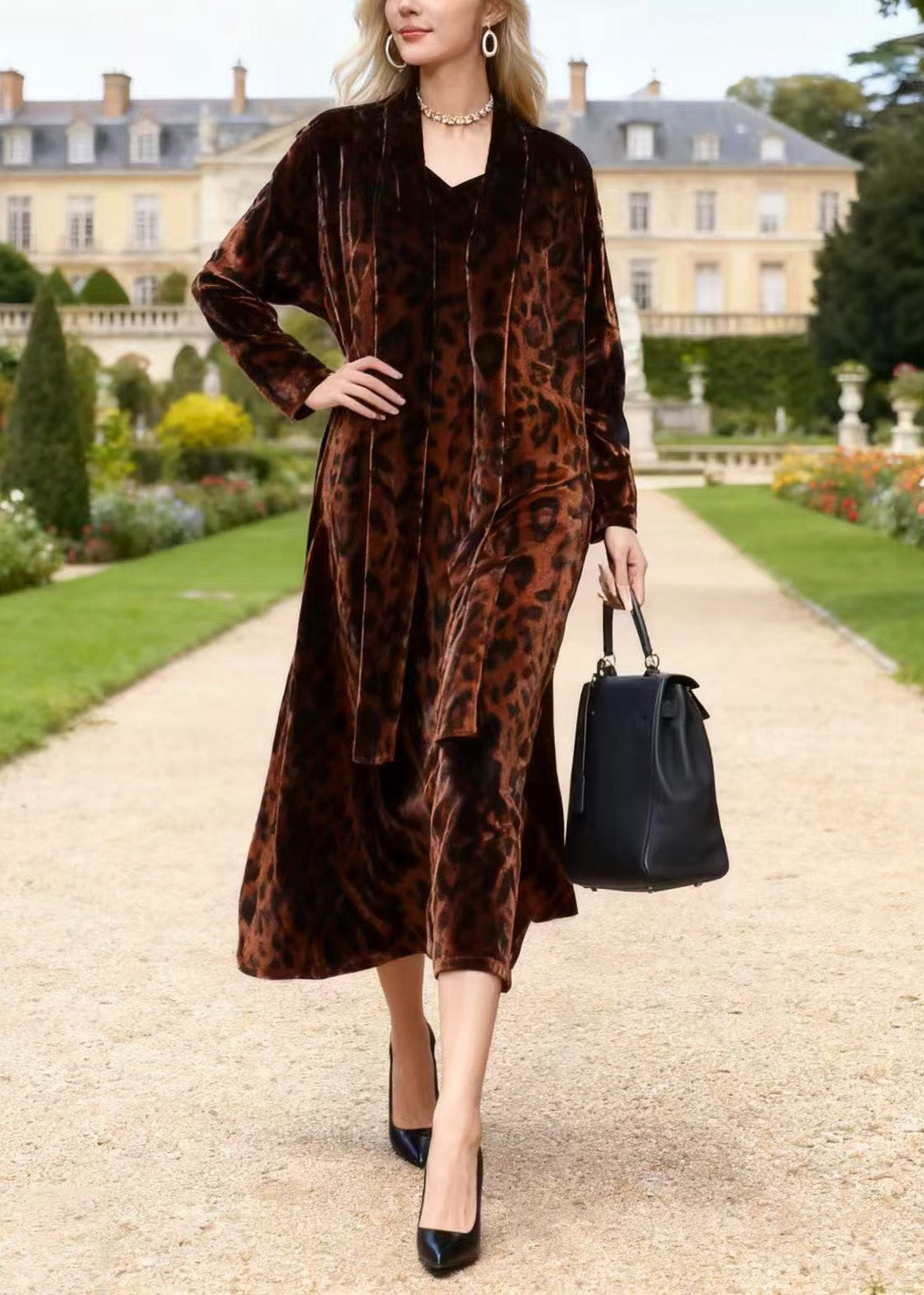Leopard Print Velvet V-Neck Midi Dress Open Front Long Sleeve Robe Two-Piece Set