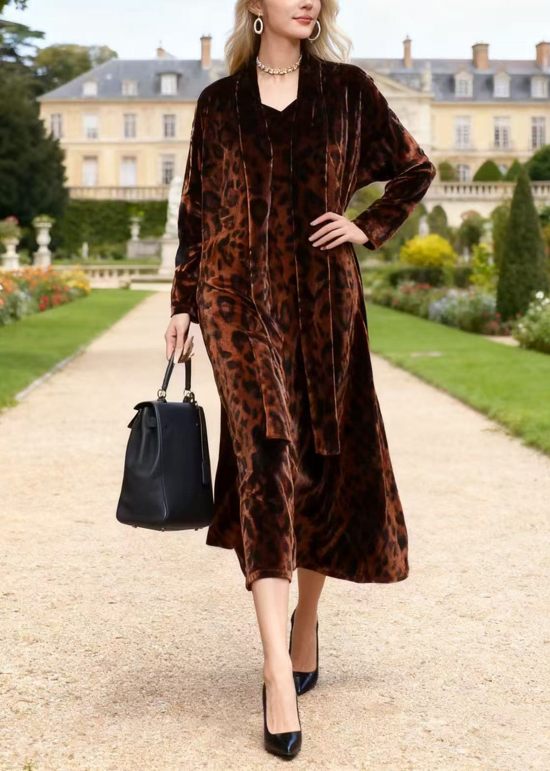 Leopard Print Velvet V-Neck Midi Dress Open Front Long Sleeve Robe Two-Piece Set