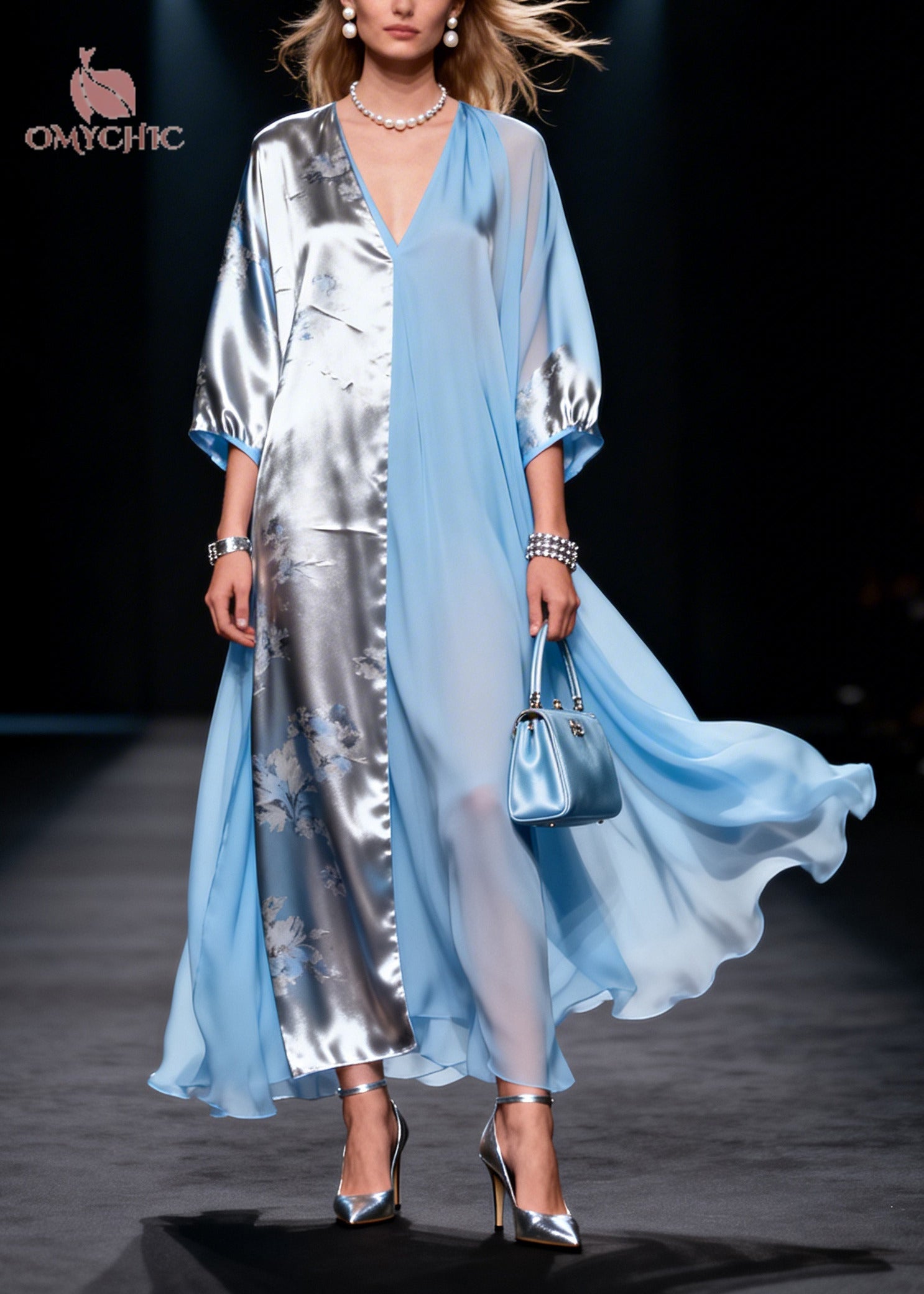 Floral Print Split Panel Deep V-Neck Kimono Sleeve Sheer Maxi Dress