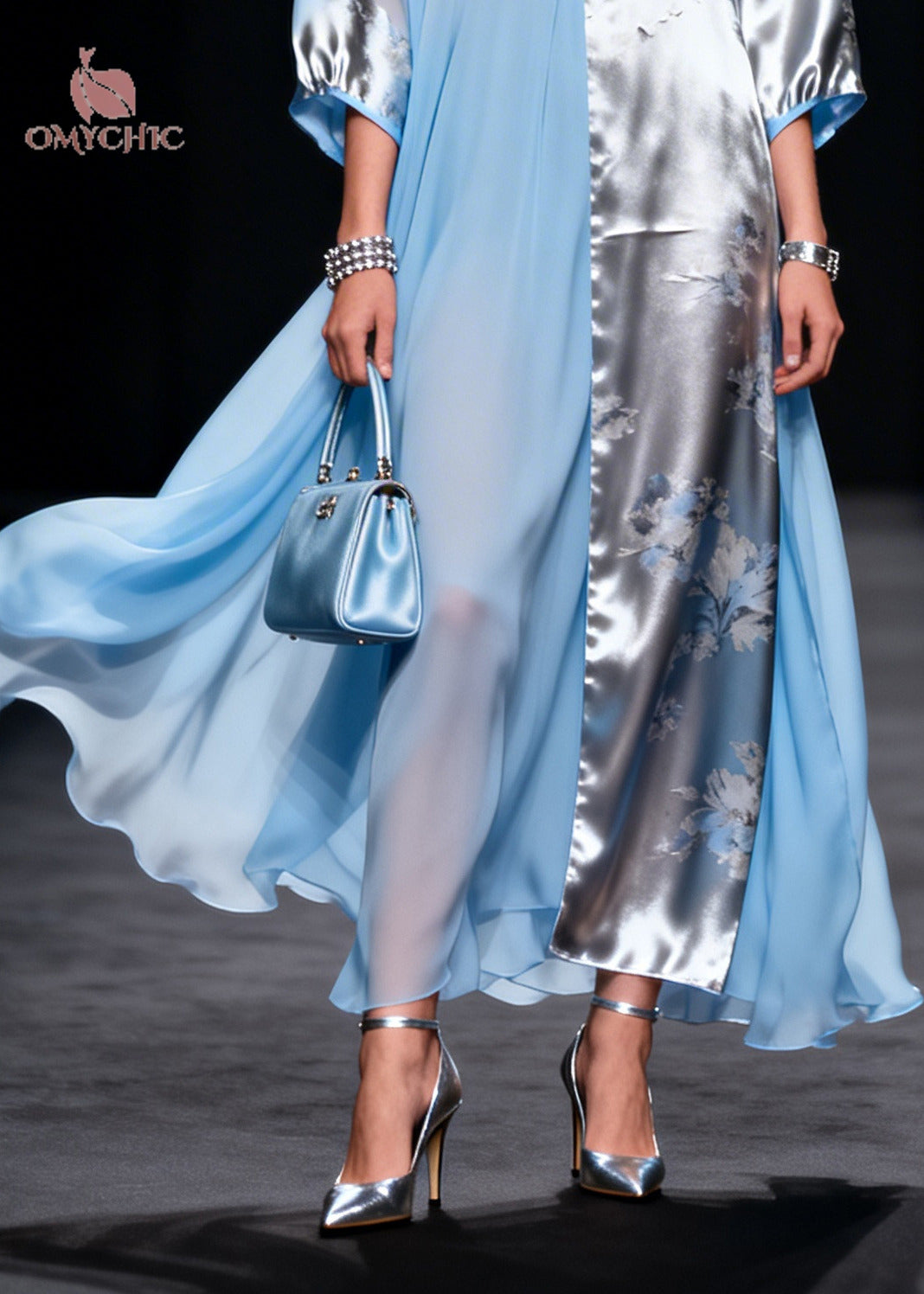 Floral Print Split Panel Deep V-Neck Kimono Sleeve Sheer Maxi Dress