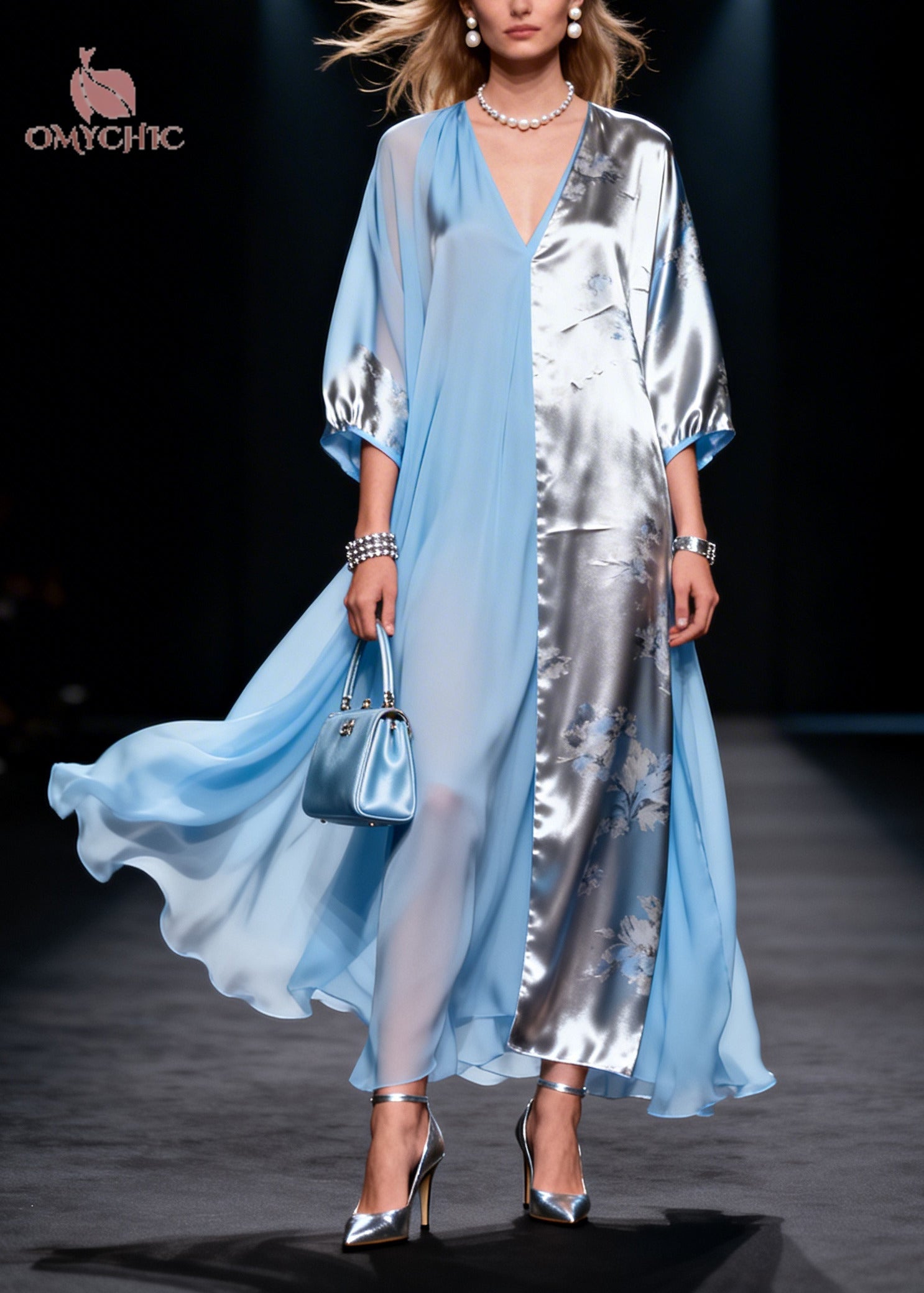 Floral Print Split Panel Deep V-Neck Kimono Sleeve Sheer Maxi Dress