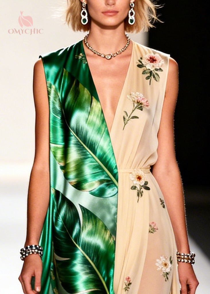 Palm Leaf Print Deep V-Neck Split Front Sheer Floral Panel Maxi Party Dress