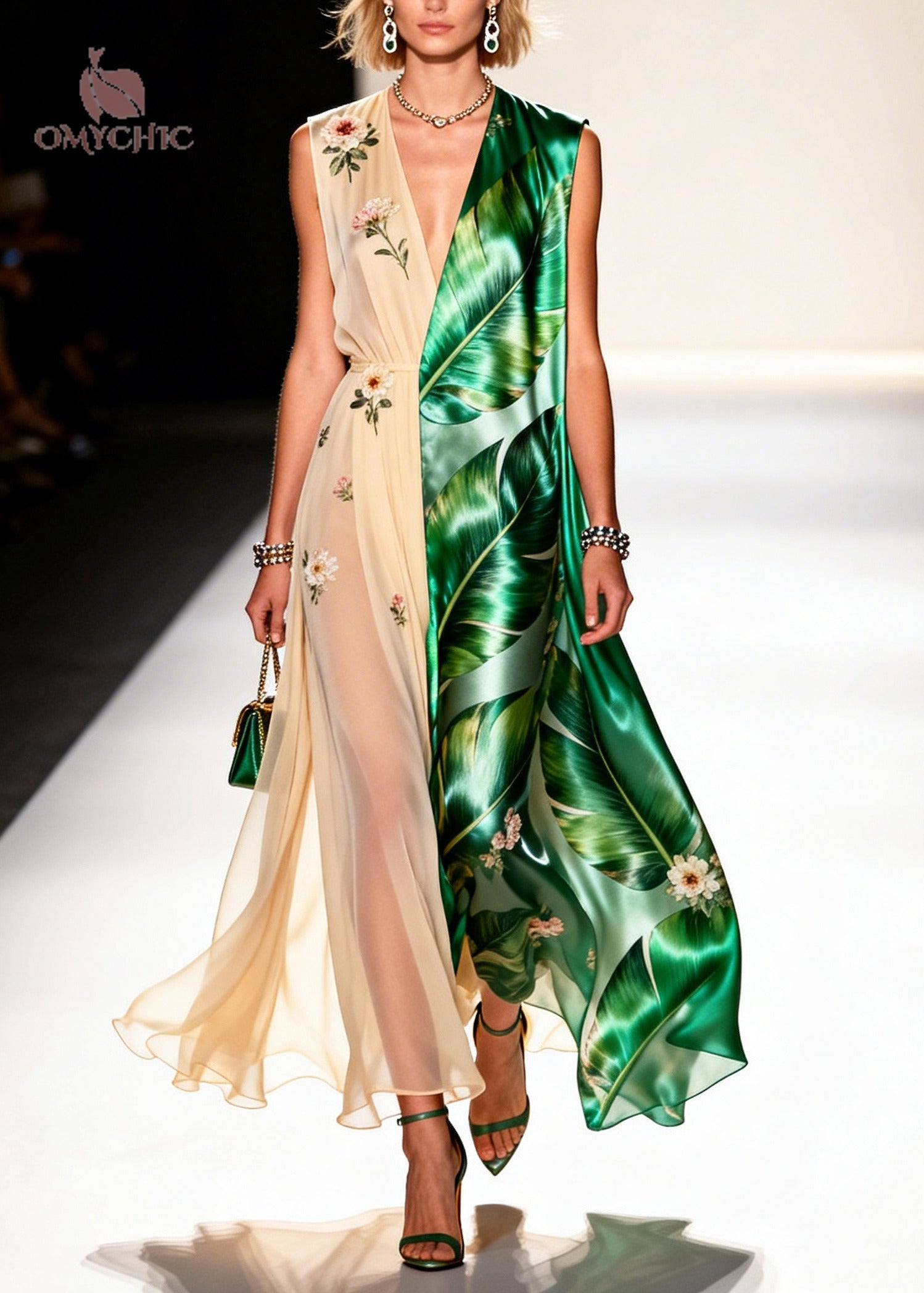 Palm Leaf Print Deep V-Neck Split Front Sheer Floral Panel Maxi Party Dress