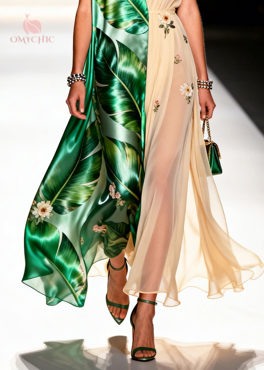 Palm Leaf Print Deep V-Neck Split Front Sheer Floral Panel Maxi Party Dress