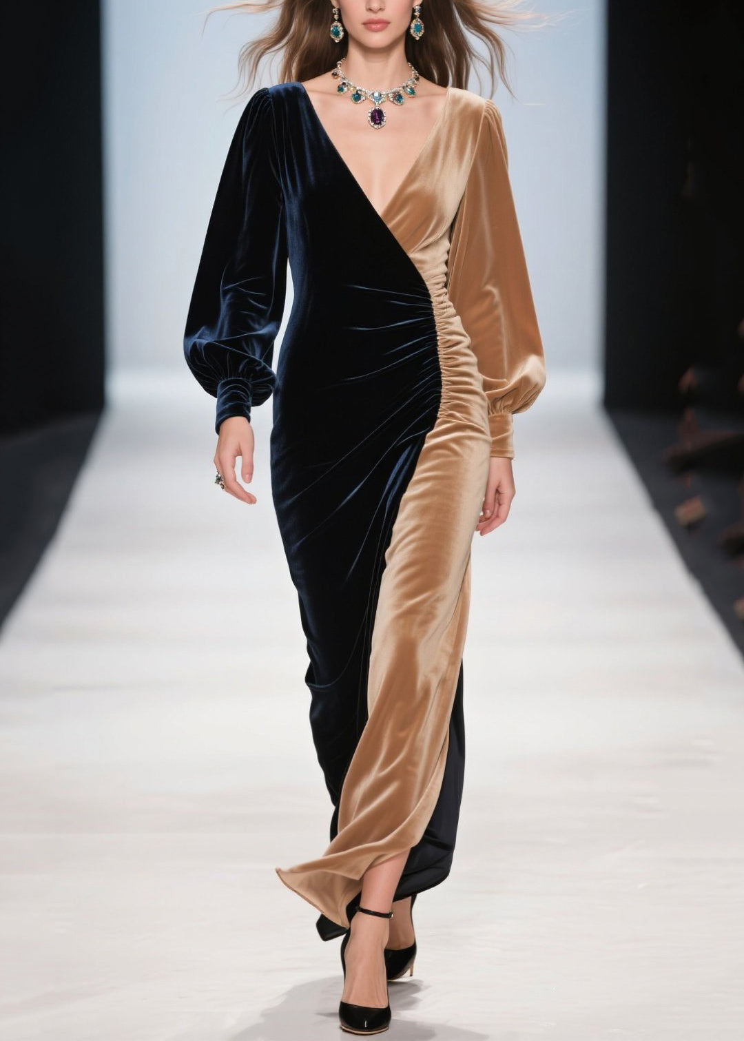 Velvet V-Neck Bishop Sleeve Ruched Side Panel Maxi Gown