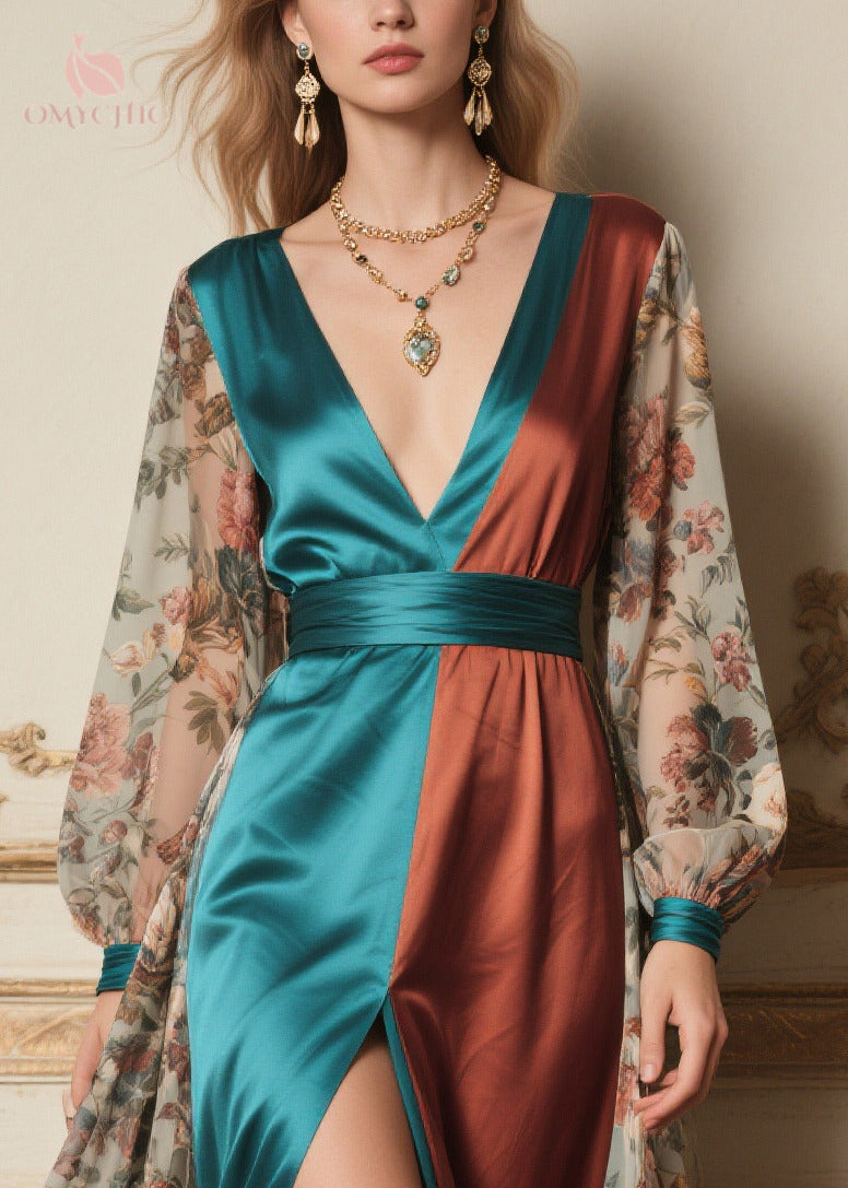 Women Colorblock Print Side Open Chiffon Maxi Dress Summer - View 2