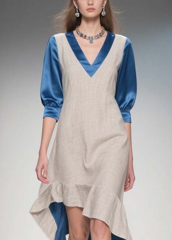 Deep V-Neck Three Quarter Sleeve Two Tone Woven Satin Lined Ruffle High Low Midi Dress