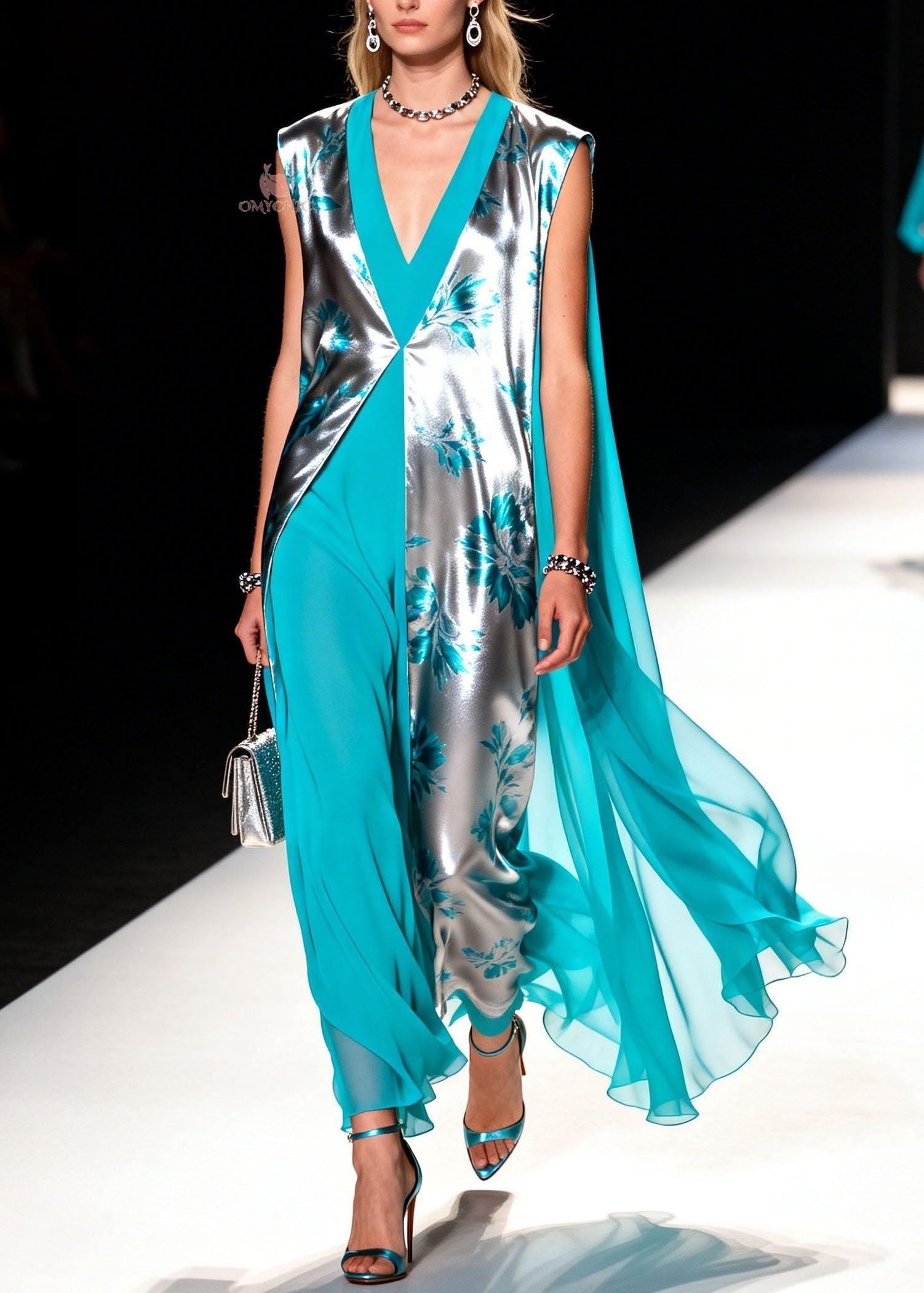 Sleeveless Deep V-Neck Metallic Floral Inset Panel Sheer Cape Wide Leg Jumpsuit