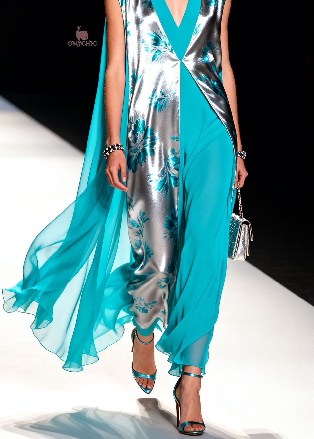 Sleeveless Deep V-Neck Metallic Floral Inset Panel Sheer Cape Wide Leg Jumpsuit