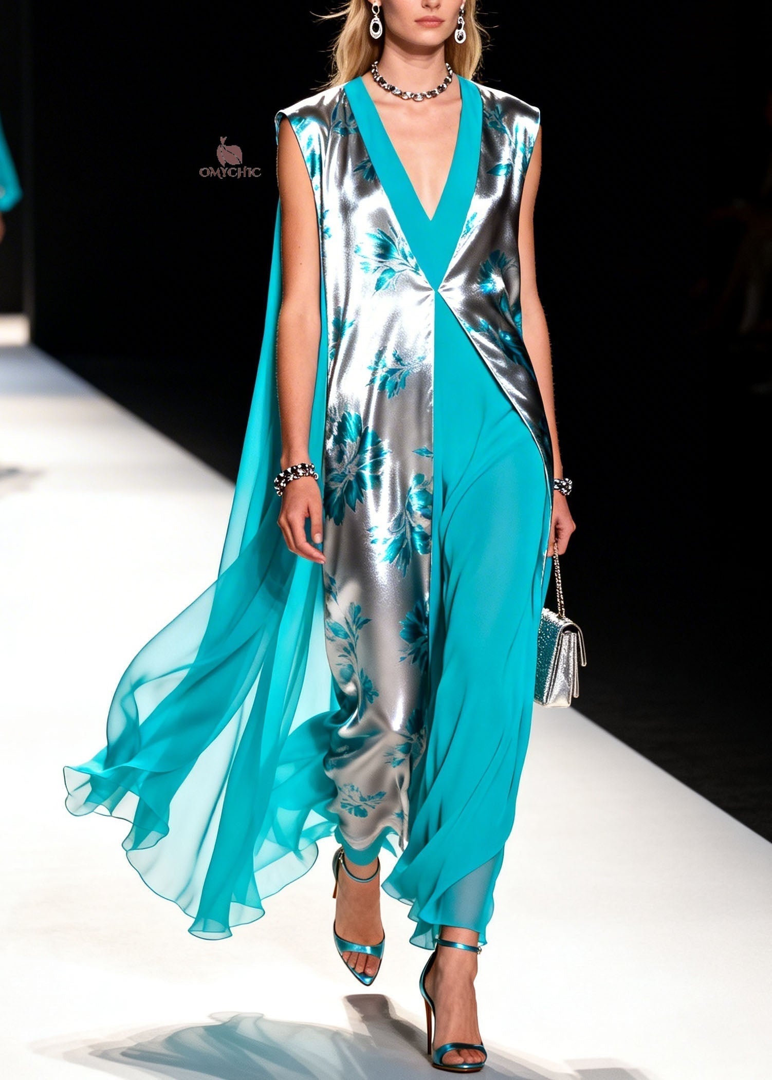 Sleeveless Deep V-Neck Metallic Floral Inset Panel Sheer Cape Wide Leg Jumpsuit