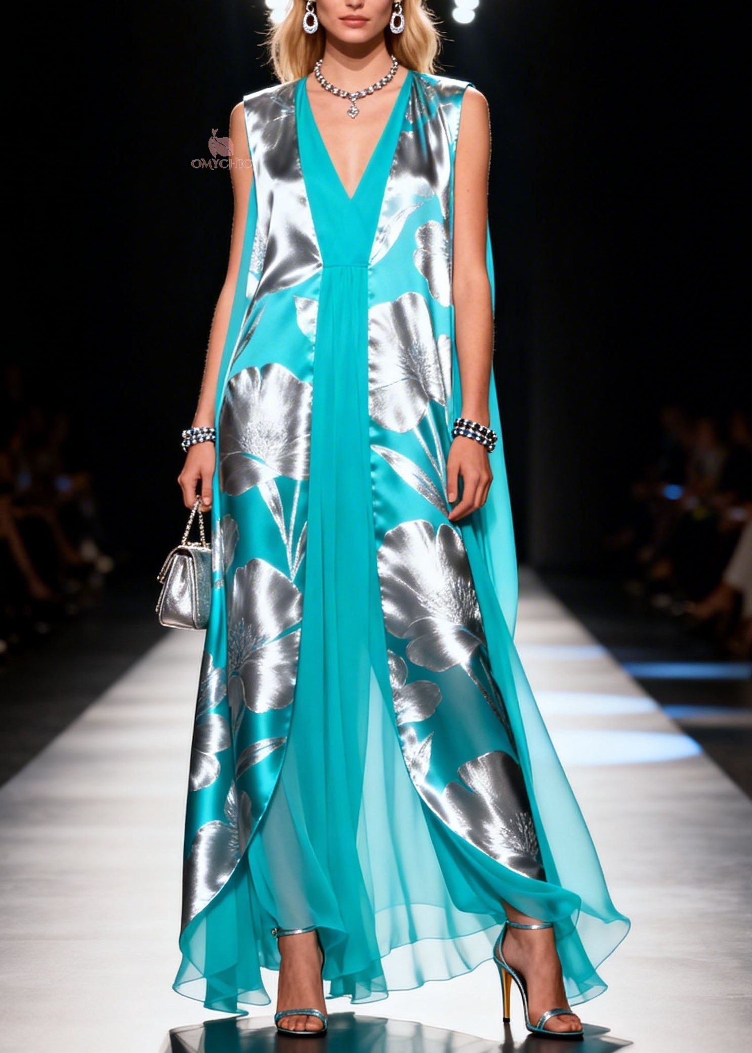 Floral Print Sleeveless Deep V-Neck Split Front Sheer Cape Maxi Gown