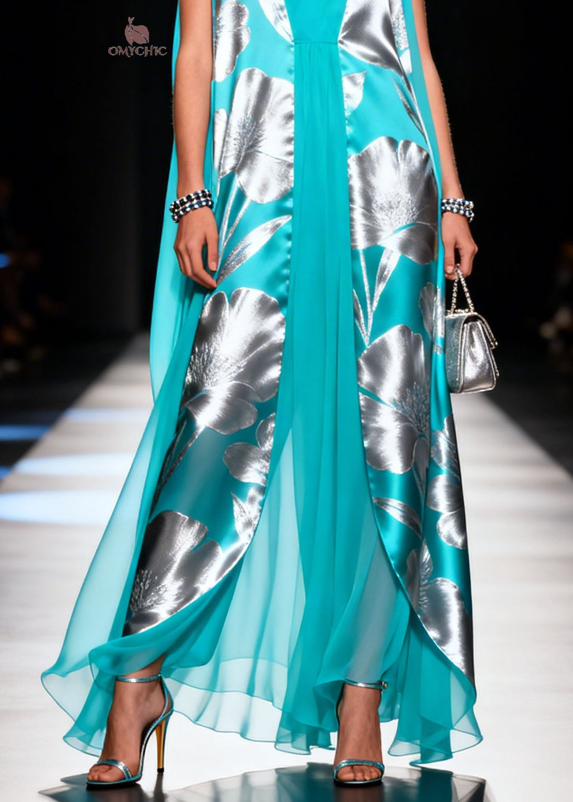Floral Print Sleeveless Deep V-Neck Split Front Sheer Cape Maxi Gown