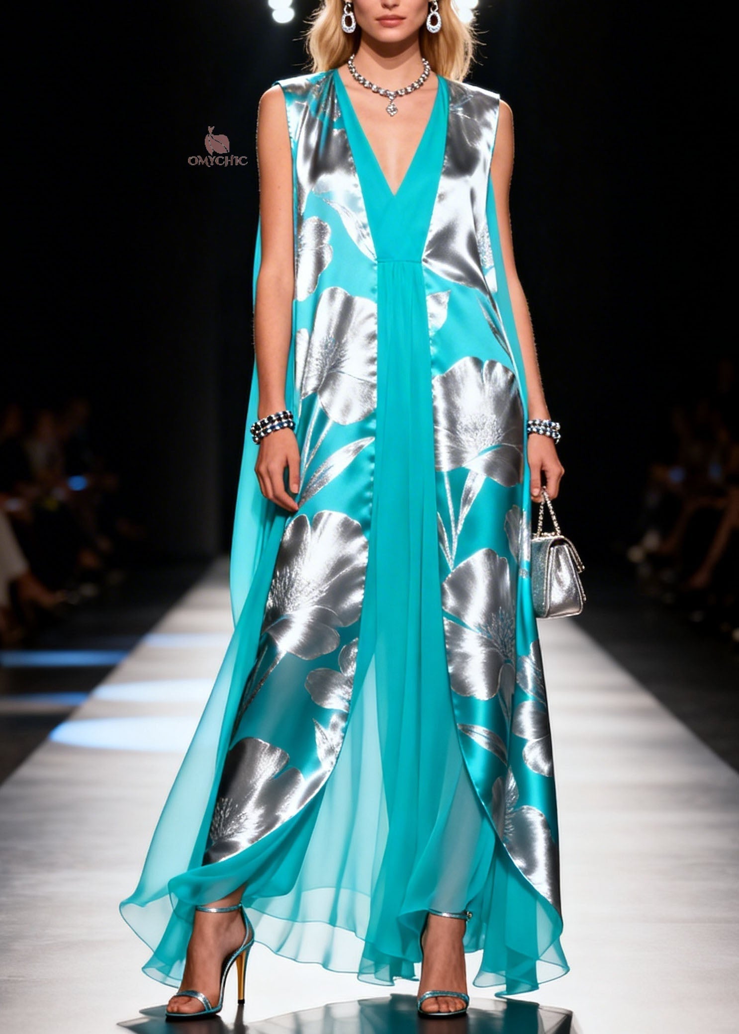 Floral Print Sleeveless Deep V-Neck Split Front Sheer Cape Maxi Gown