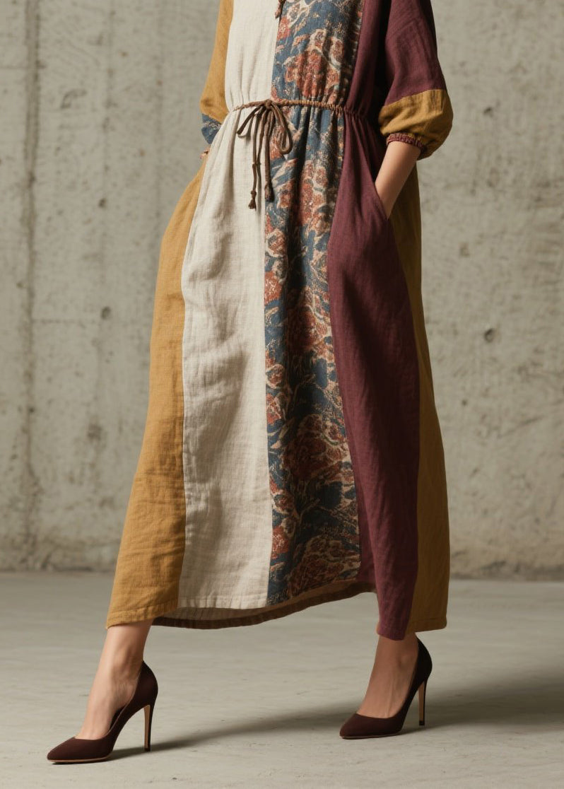 Patchwork Drawstring Waist Balloon Sleeve Pocket Maxi Dress and Scarf Set