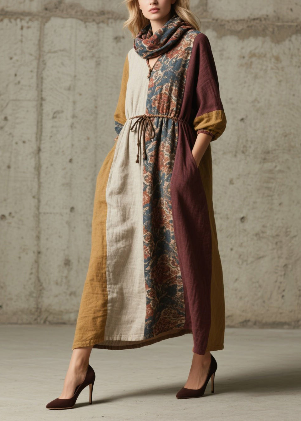Patchwork Drawstring Waist Balloon Sleeve Pocket Maxi Scarf Set - View 5