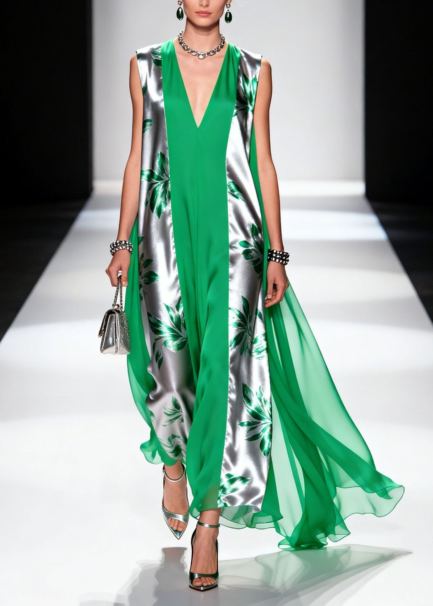 Leaf Print Sleeveless Deep V-Neck Panel Sheer Cape Maxi Gown
