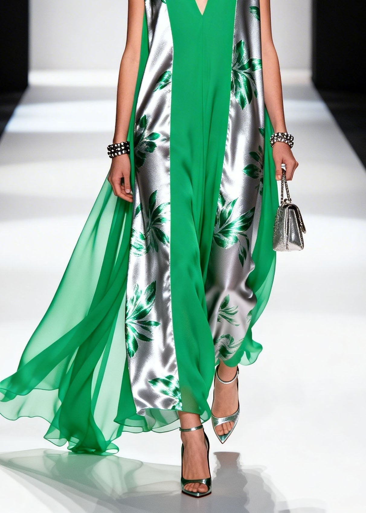 Leaf Print Sleeveless Deep V-Neck Panel Sheer Cape Maxi Gown