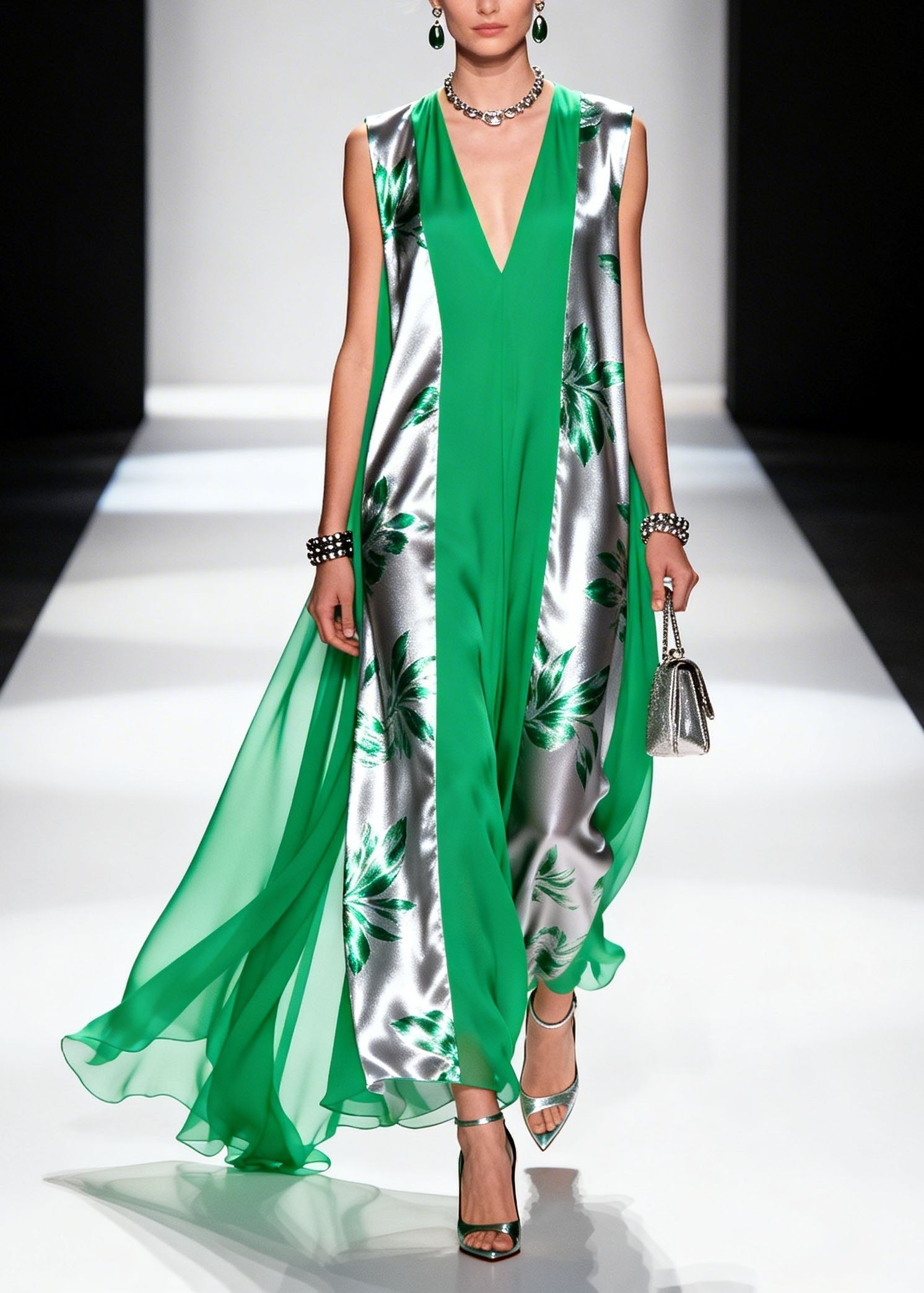 Leaf Print Sleeveless Deep V-Neck Panel Sheer Cape Maxi Gown
