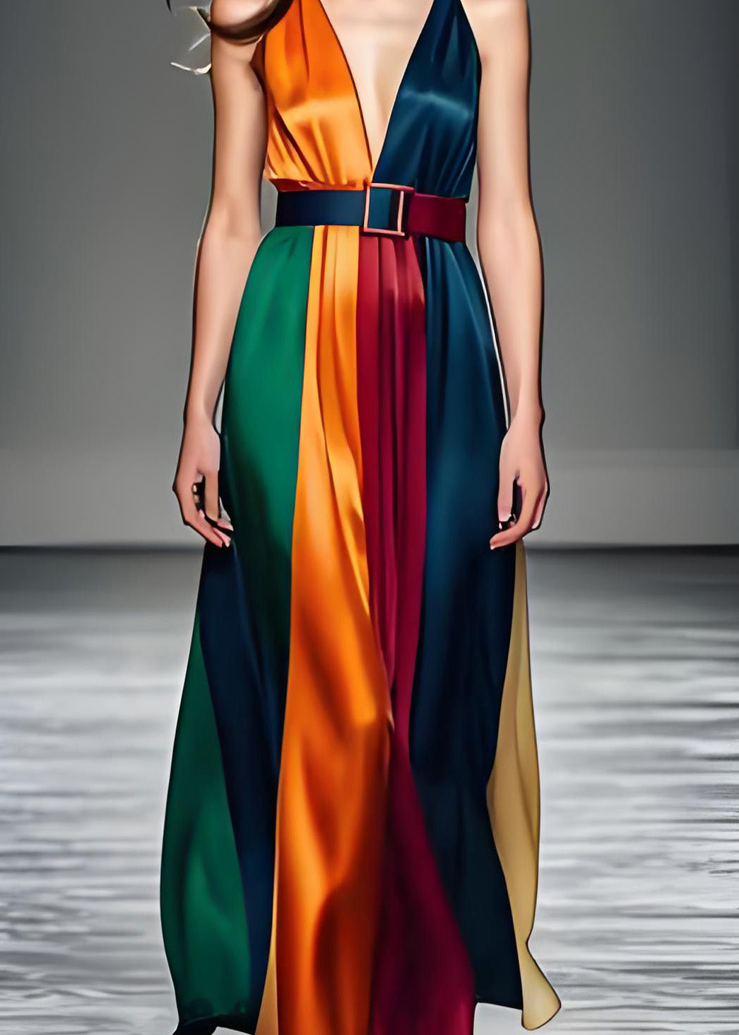 Deep V-Neck Belted Vertical Panel Satin Flowy Maxi Dress