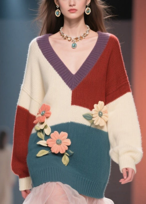 Colorblock Knit V-Neck Balloon Sleeve Floral Appliqué Tulle Ruffle Hem Mini Dress