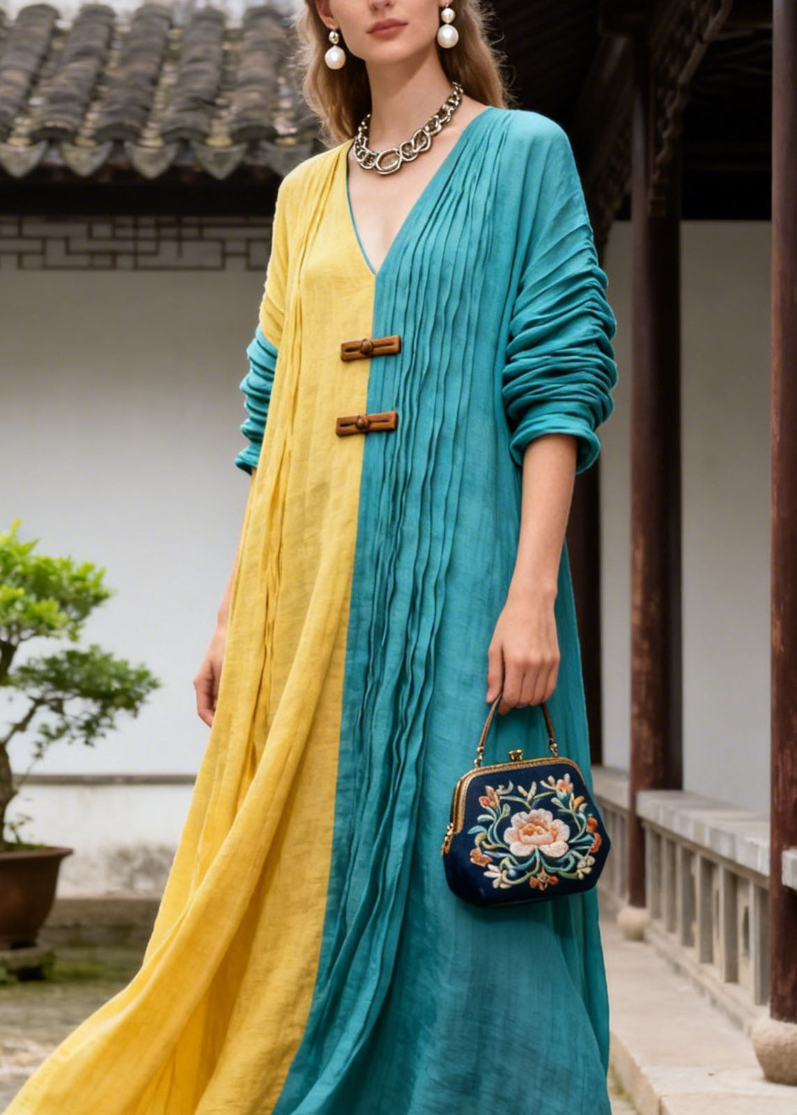 Women Colorblock V Neck Wrinkled Patchwork Cotton Dresses Summer