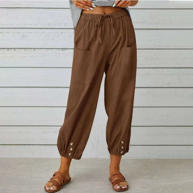 High Waist Drawstring Button Hem Cropped Pants