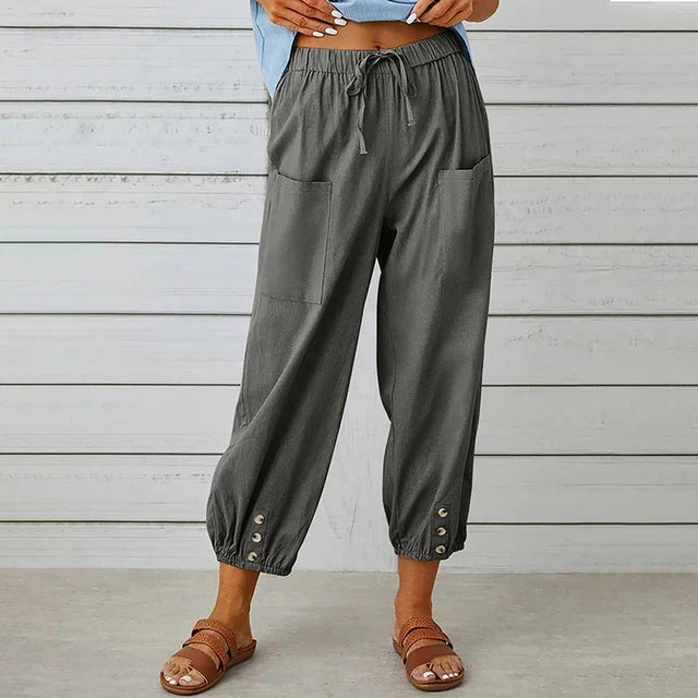 High Waist Drawstring Button Hem Cropped Pants