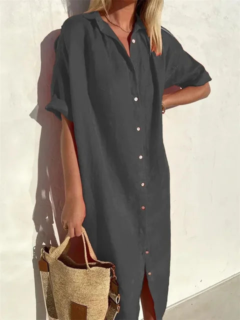 Collared Short Sleeve Button Front Oversized Relaxed Midi Dress
