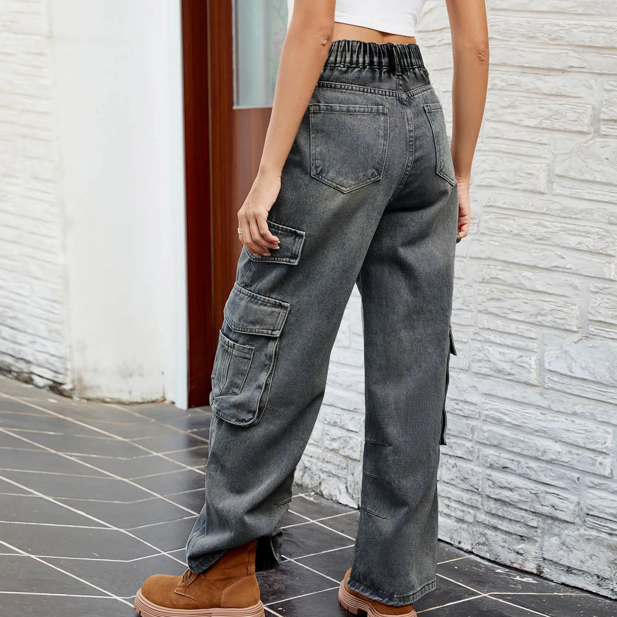 High Waist Washed Multi Pocket Wide Leg Cargo Jeans 3