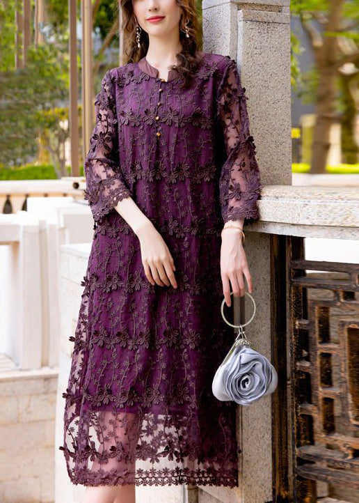 3D Floral Appliqué Embroidered Lace Mandarin Collar Button Front Long Sleeve Midi Dress