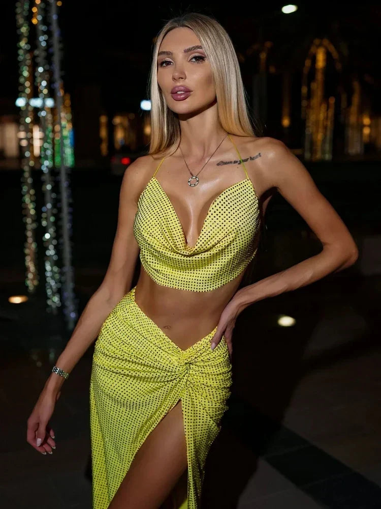 Rhinestone Cowl Crop Top and Twist High Split Skirt Two Piece Set 6