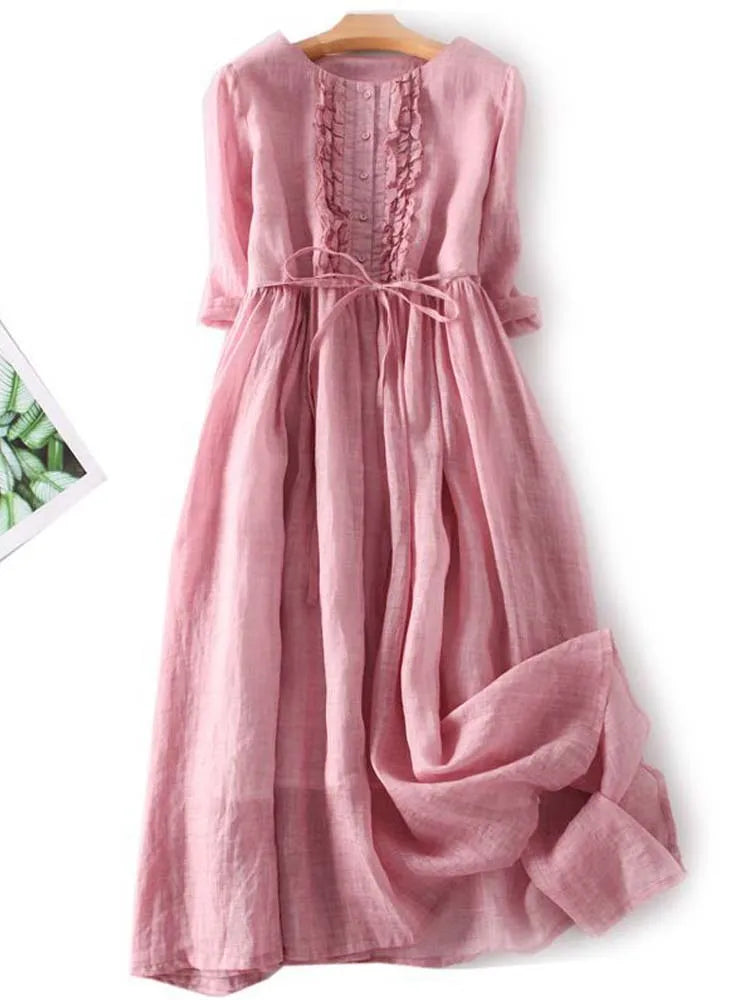Arya - Women's Retro Style Dress with Round Neck and Waist Ties Pink