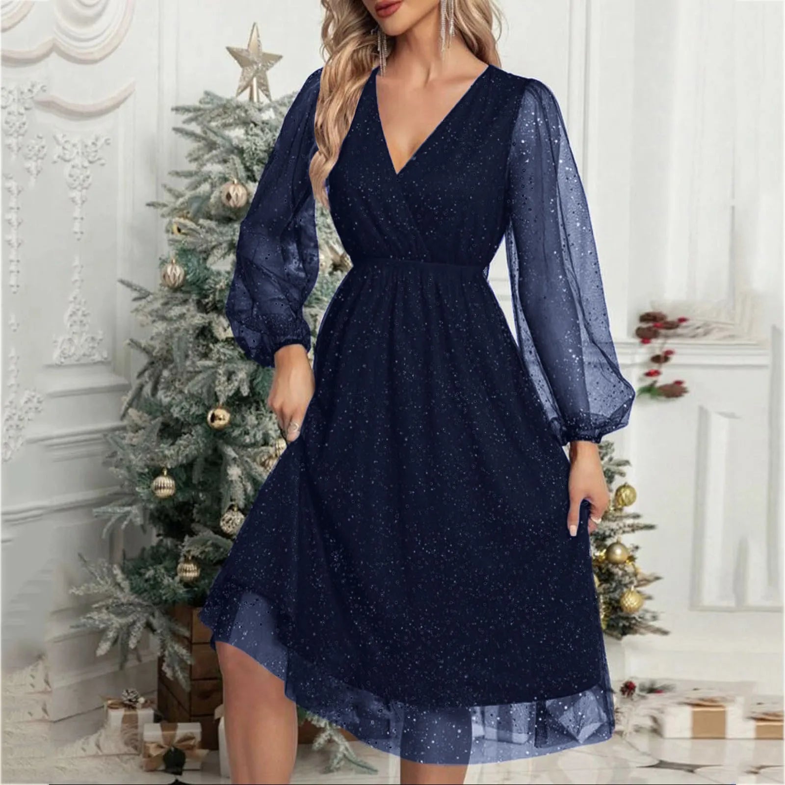 Glitter Mesh V-Neck Long Sleeve A-Line Midi Party Dress